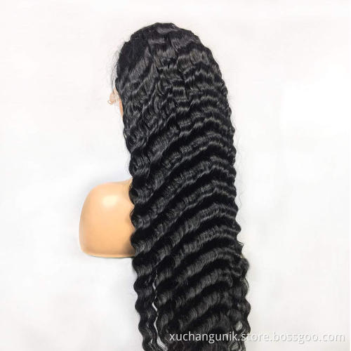 Uniky Natural Black Color Cuticle Aligned Unprocessed Virgin Human Hair Deep Wave Lace Frontal Wig